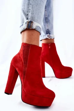 Damskie Boto Zamszowe Botki Na Wysokim Obcasie Czerwone Sarsea
