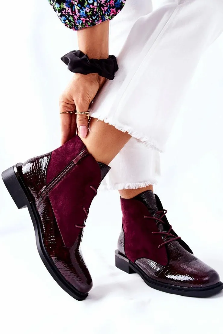 Buty Sergio Leone Czarne Botki|Botki Zimowe Damskie*Zamszowe Botki Ocieplane Sergio Leone BT401 Bordowe