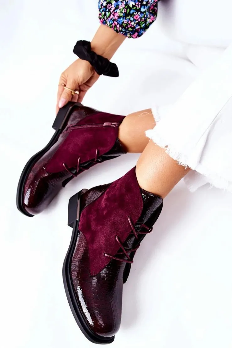 Buty Sergio Leone Czarne Botki|Botki Zimowe Damskie*Zamszowe Botki Ocieplane Sergio Leone BT401 Bordowe