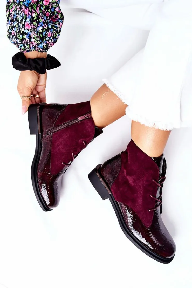 Buty Sergio Leone Czarne Botki|Botki Zimowe Damskie*Zamszowe Botki Ocieplane Sergio Leone BT401 Bordowe