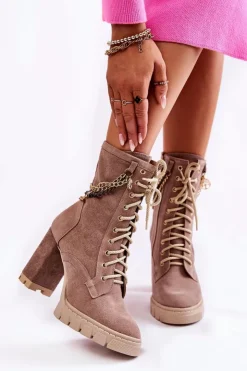 Hot Boto Zamszowe Botki Sznurowane Lewski Shoes 3244/G Beżowe Beżowy