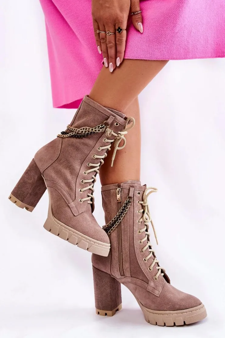 Hot Boto Zamszowe Botki Sznurowane Lewski Shoes 3244/G Beżowe Beżowy