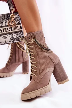 Hot Boto Zamszowe Botki Sznurowane Lewski Shoes 3244/G Beżowe Beżowy