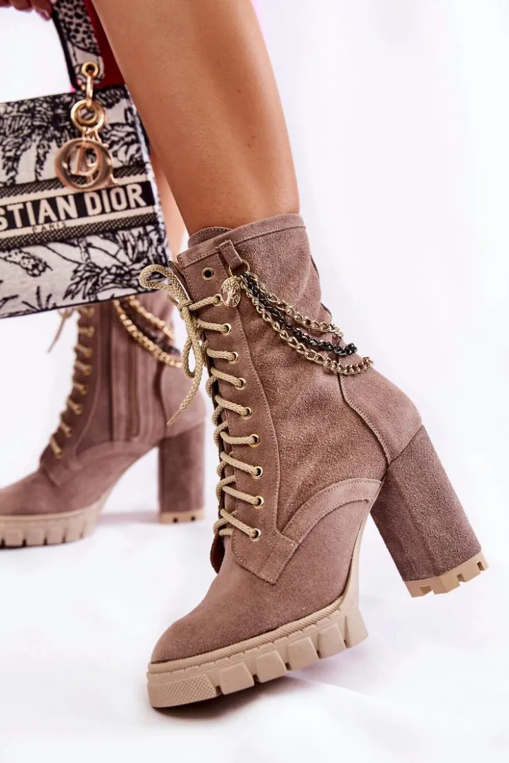 Hot Boto Zamszowe Botki Sznurowane Lewski Shoes 3244/G Beżowe Beżowy