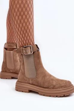 Discount Boto Zamszowe Botki Sztyblety Na Masywnej Podeszwie Beżowe Ozaro