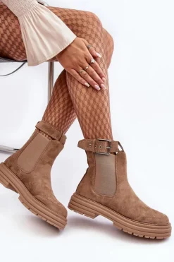 Discount Boto Zamszowe Botki Sztyblety Na Masywnej Podeszwie Beżowe Ozaro