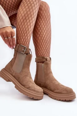 Discount Boto Zamszowe Botki Sztyblety Na Masywnej Podeszwie Beżowe Ozaro