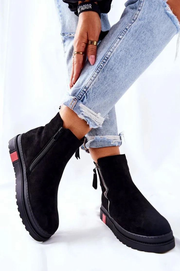 Damskie Boto Zamszowe Botki Sztyblety Na Platformie Czarne Nessa