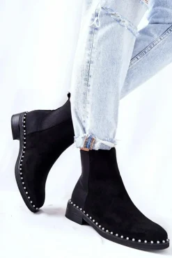 New Boto Zamszowe Botki Sztyblety Z Perełkami Czarne Jilanna