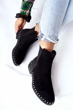 New Boto Zamszowe Botki Sztyblety Z Perełkami Czarne Jilanna