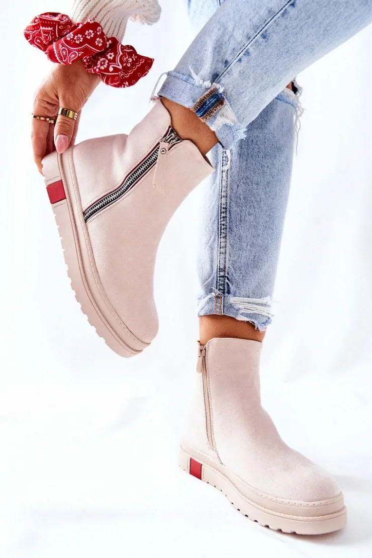 Damskie Boto Zamszowe Botki Sztyblety Na Platformie Beżowe Nessa