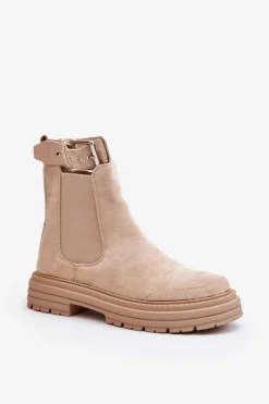 Clearance Boto Zamszowe Botki Sztyblety Na Masywnej Podeszwie Jasnobeżowe Ozaro Beżowy