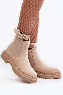 Clearance Boto Zamszowe Botki Sztyblety Na Masywnej Podeszwie Jasnobeżowe Ozaro Beżowy