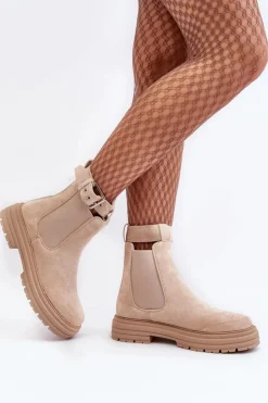 Clearance Boto Zamszowe Botki Sztyblety Na Masywnej Podeszwie Jasnobeżowe Ozaro Beżowy