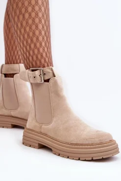 Clearance Boto Zamszowe Botki Sztyblety Na Masywnej Podeszwie Jasnobeżowe Ozaro Beżowy