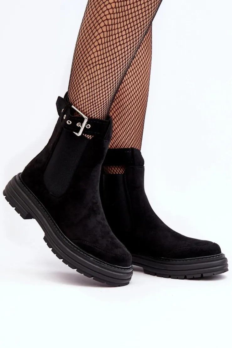 Boto Botki Ocieplane|Czarne Botki*Zamszowe Botki Sztyblety Na Masywnej Podeszwie Czarne Ozaro