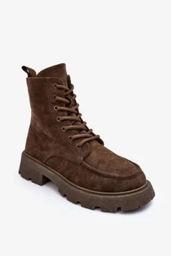 Boto Damskie Trapery|Botki Sznurowane*Zamszowe Botki Trapery Ocieplane Na Płaskim Obcasie Ciemnozielone Zikey