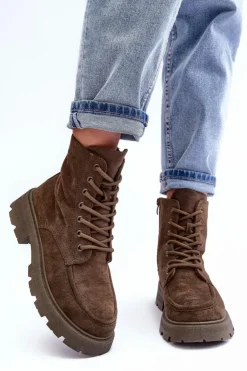 Boto Damskie Trapery|Botki Sznurowane*Zamszowe Botki Trapery Ocieplane Na Płaskim Obcasie Ciemnozielone Zikey