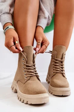 Damskie Boto Zamszowe Botki Trapery Wiązane Ciemnobeżowe Hurricane