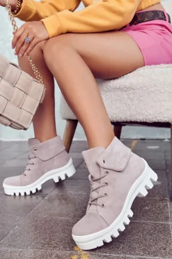 Damskie Damskie buty S.Barski Zamszowe Botki Trapery Wiązane Jasnofioletowe Dalles