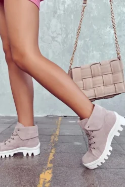 Damskie Damskie buty S.Barski Zamszowe Botki Trapery Wiązane Jasnofioletowe Dalles