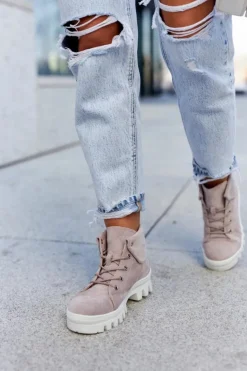 Damskie Damskie buty S.Barski Zamszowe Botki Trapery Wiązane Jasnofioletowe Dalles