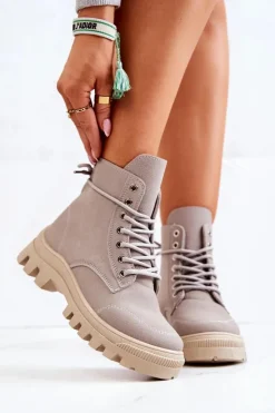 Boto Damskie Trapery|Botki Sznurowane*Zamszowe Botki Trapery Wiązane Szare Hurricane