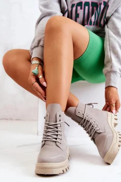 Boto Damskie Trapery|Botki Sznurowane*Zamszowe Botki Trapery Wiązane Szare Hurricane