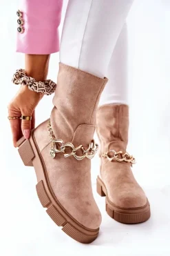 Damskie Boto Zamszowe Botki Workery Beżowe Hellio