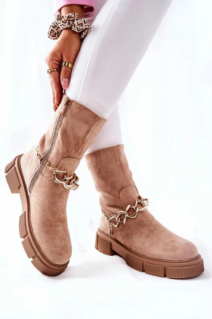 Damskie Boto Zamszowe Botki Workery Beżowe Hellio