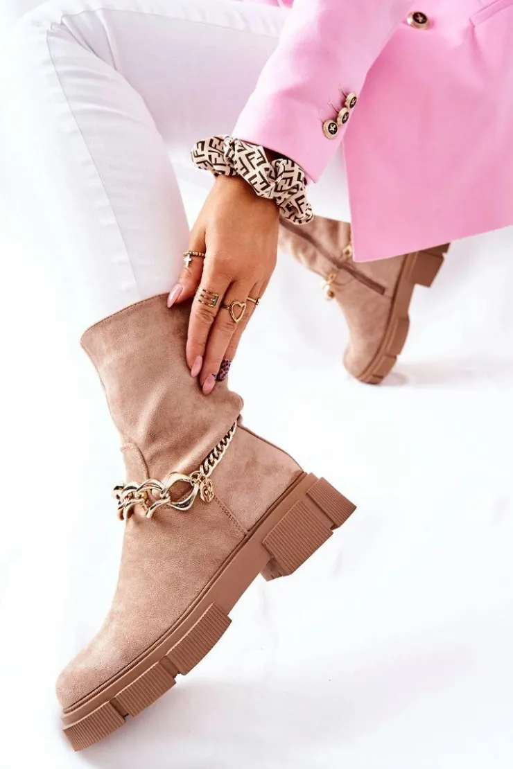 Damskie Boto Zamszowe Botki Workery Beżowe Hellio