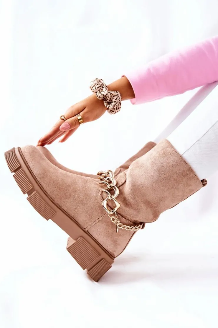 Damskie Boto Zamszowe Botki Workery Beżowe Hellio