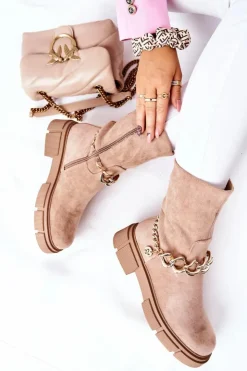 Damskie Boto Zamszowe Botki Workery Beżowe Hellio