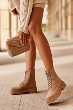 Damskie Boto Zamszowe Botki Workery Damskie Beżowe Dearia