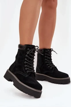 Hot Big Star Shoes Zamszowe Botki Workery Damskie Sznurowane Big Star SS274791 Czarne Czarny