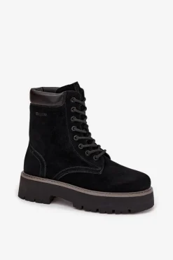 Hot Big Star Shoes Zamszowe Botki Workery Damskie Sznurowane Big Star SS274791 Czarne Czarny