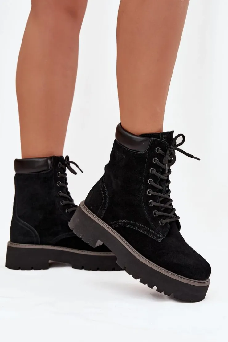 Hot Big Star Shoes Zamszowe Botki Workery Damskie Sznurowane Big Star SS274791 Czarne Czarny