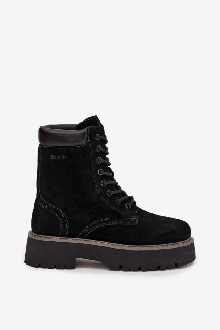Hot Big Star Shoes Zamszowe Botki Workery Damskie Sznurowane Big Star SS274791 Czarne Czarny