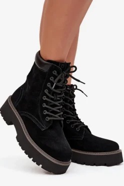 Hot Big Star Shoes Zamszowe Botki Workery Damskie Sznurowane Big Star SS274791 Czarne Czarny