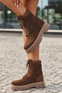 Big Star Shoes Botki Ocieplane|Damskie Trapery*Zamszowe Botki Workery Damskie Sznurowane Big Star SS274792 Brązowe Brązowy