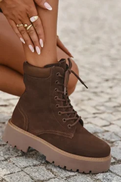 Big Star Shoes Botki Ocieplane|Damskie Trapery*Zamszowe Botki Workery Damskie Sznurowane Big Star SS274792 Brązowe Brązowy