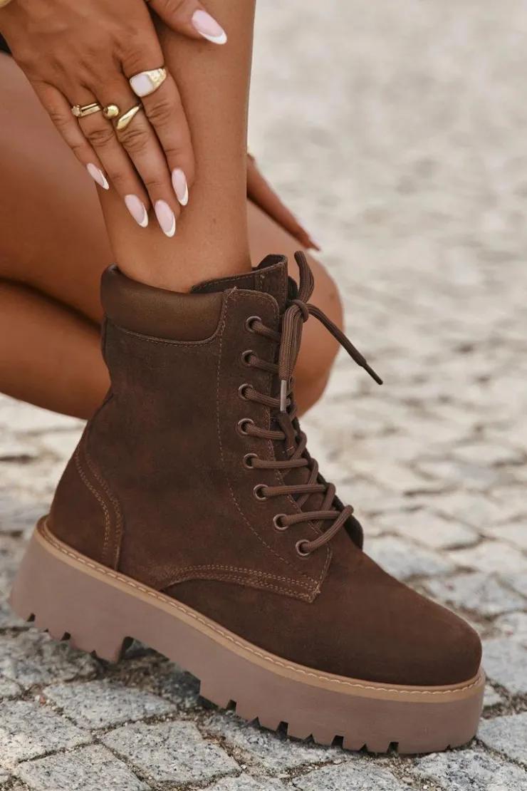 Big Star Shoes Botki Ocieplane|Damskie Trapery*Zamszowe Botki Workery Damskie Sznurowane Big Star SS274792 Brązowe Brązowy