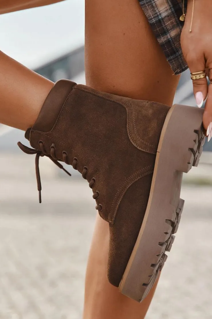 Big Star Shoes Botki Ocieplane|Damskie Trapery*Zamszowe Botki Workery Damskie Sznurowane Big Star SS274792 Brązowe Brązowy