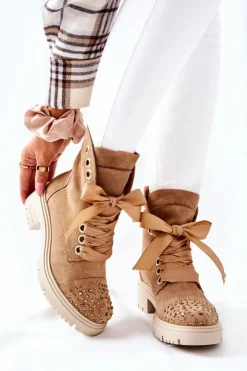 Best Boto Zamszowe Botki Workery Lewski Shoes Wiązane 3069 Piaskowe