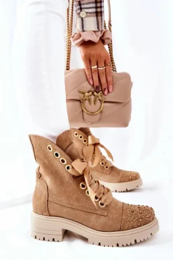 Best Boto Zamszowe Botki Workery Lewski Shoes Wiązane 3069 Piaskowe