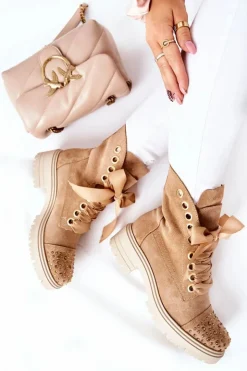 Best Boto Zamszowe Botki Workery Lewski Shoes Wiązane 3069 Piaskowe