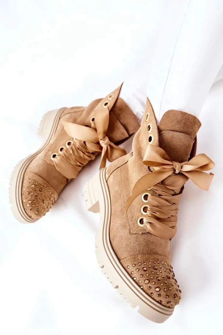 Best Boto Zamszowe Botki Workery Lewski Shoes Wiązane 3069 Piaskowe