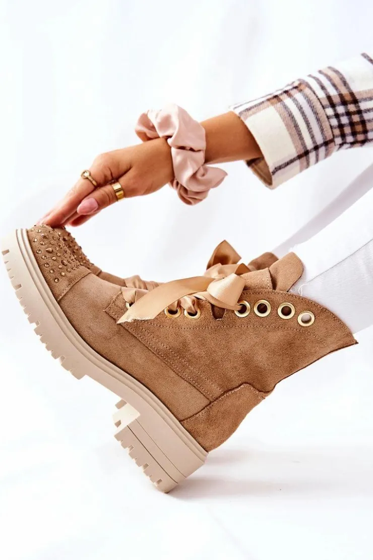 Best Boto Zamszowe Botki Workery Lewski Shoes Wiązane 3069 Piaskowe