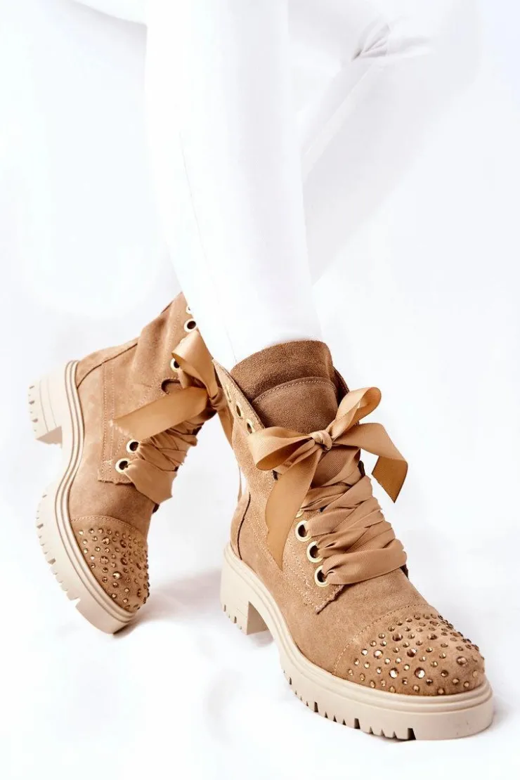 Best Boto Zamszowe Botki Workery Lewski Shoes Wiązane 3069 Piaskowe