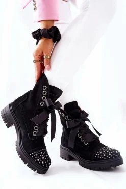 Damskie Boto Zamszowe Botki Workery Lewski Shoes Wiązane 3069 Czarne